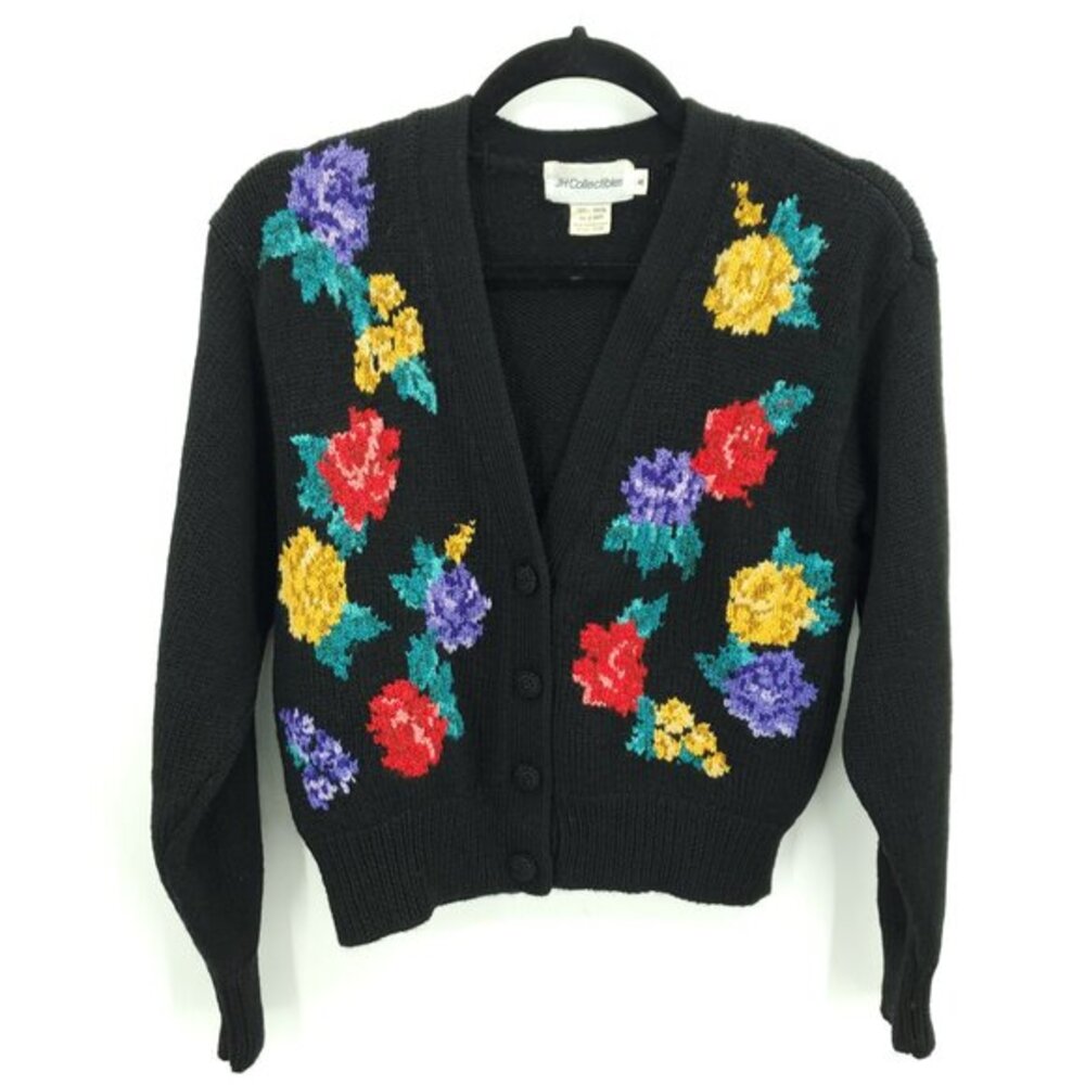 Vintage J.H. Collectibles 100% Wool Floral Button Front Cardigan S Black
